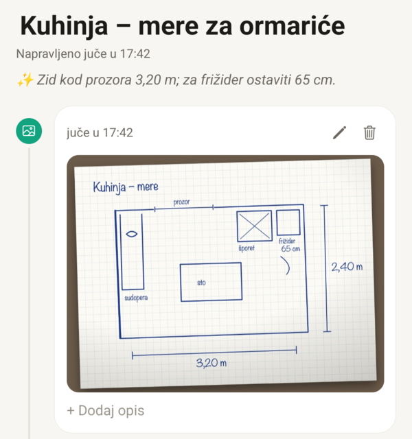 Beleška u aplikaciji SayPin sa fotografijom skice kuhinje i glasovnim snimkom